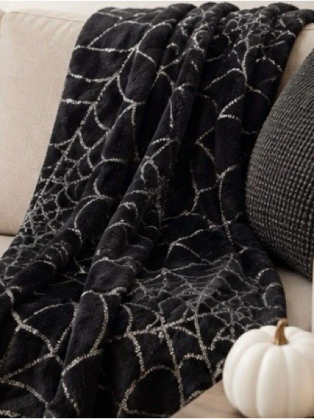Plush Throw Blanket - Black with Silver Spiderweb Throw Blanket, Halloween Throw